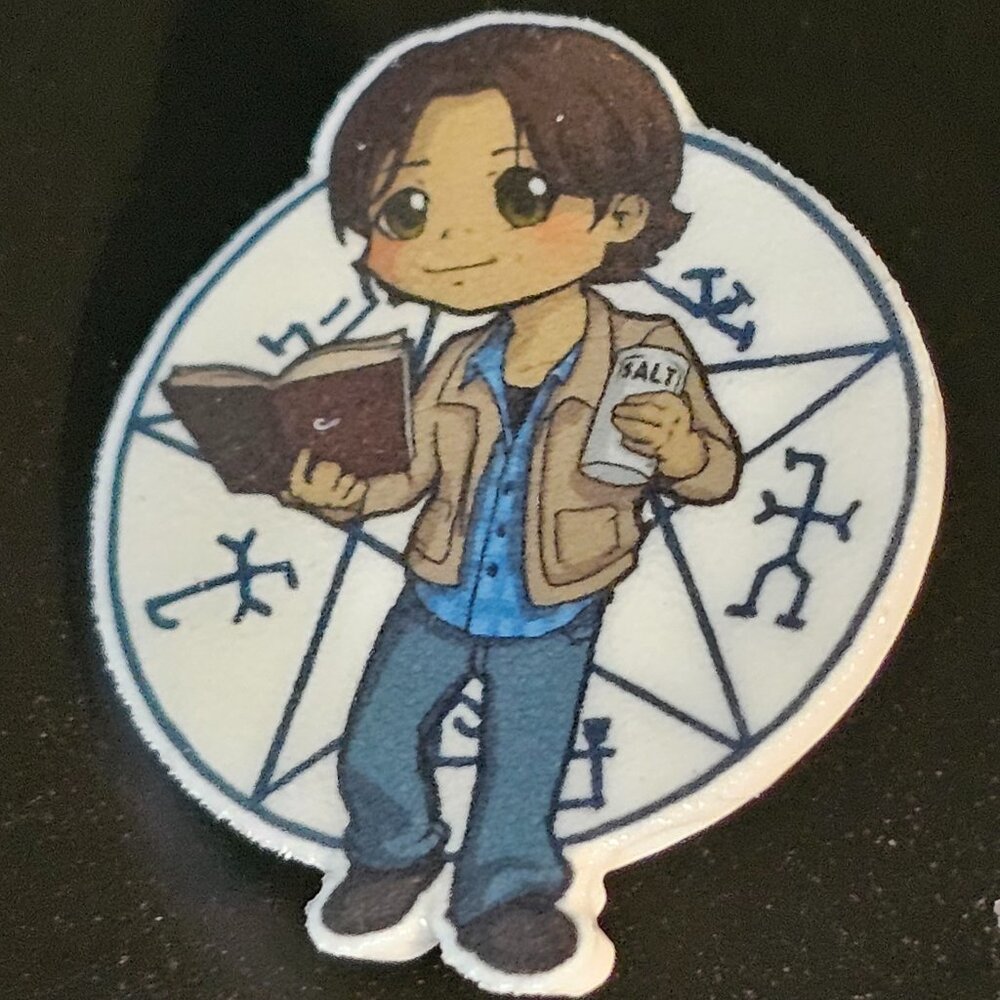 Supernatural Sam Winchester Chibi Acrylic Pin – Lore, Salt & Demon Trap